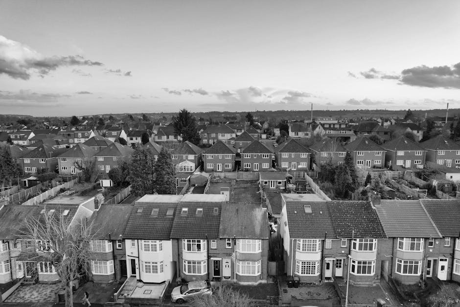 An aerial black-and-white photograph captures a densely populated residential neighbourhood with a mixture of detached, semi-detached, and terraced houses closely aligned along a curving main street. The houses display various roof styles, primarily pitched, with finishes including tiles and slate, and some rooftops featuring chimneys. The scene is filled with mature trees scattered throughout the area, creating a leafy environment, with many gardens visible behind fences or walls. In the foreground, residential backyards contain small sheds, patios, and garden furniture, with some yards showing accumulation of garden debris or clutter. The street is lined with parked cars on both sides, including sedans and small vans, and is illuminated by natural daylight under partly cloudy sky conditions. The distant horizon reveals a broader urban skyline with high-rise buildings, indicating a larger city nearby. This landscape, observed by House Clearance Ruislip, exemplifies typical suburban properties that may require private rubbish removal or on-site clearance for household waste disposal, separate from local authority collections.